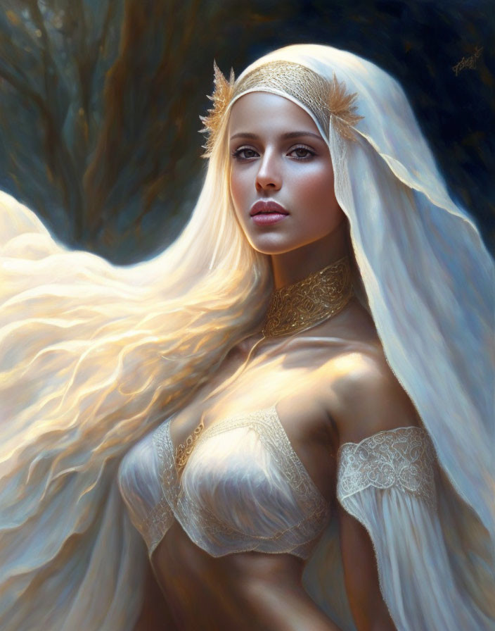 Fantasy portrait of woman with long hair and golden headdress in tree-lined setting