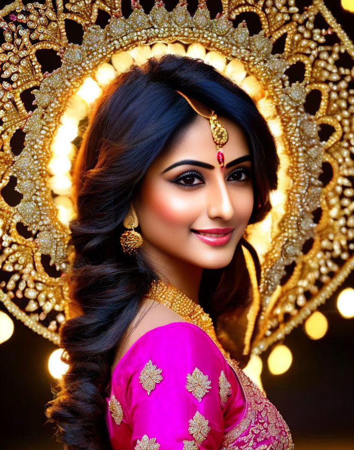 Traditional Attire Woman with Ornate Jewelry and Bindi in Pink Blouse