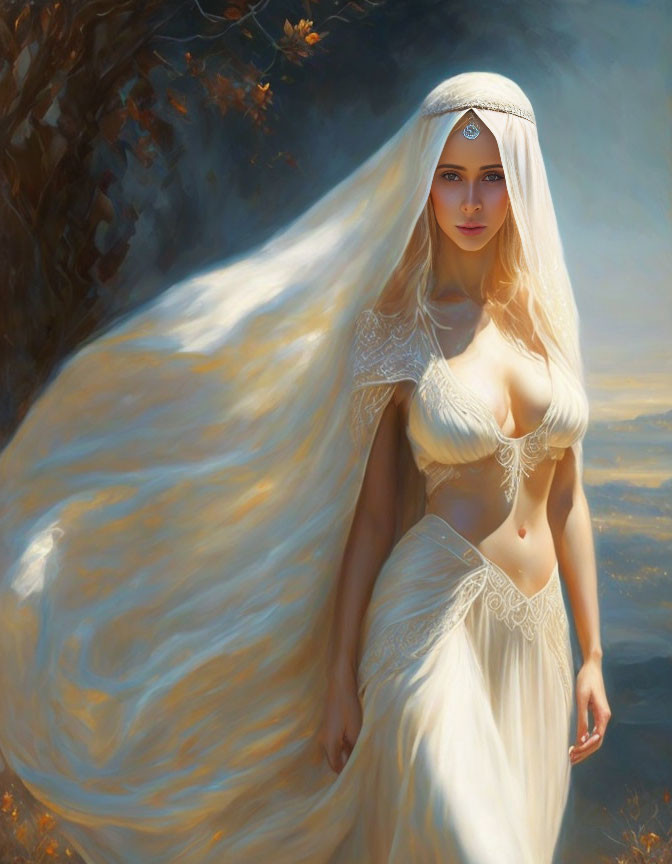 Ethereal woman in white bridal gown amidst golden forest