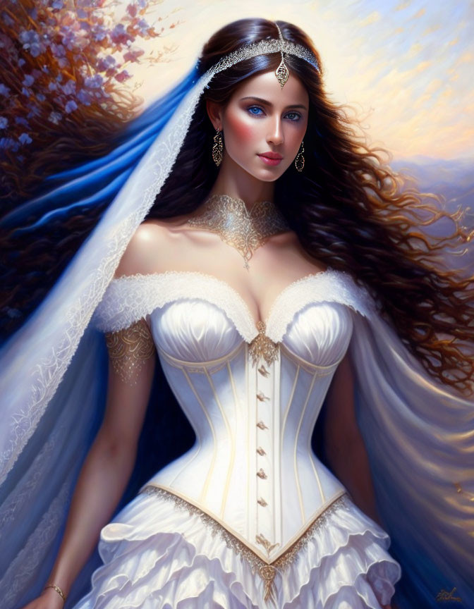 Elegant woman in fantasy wedding dress with flowing hair against autumn backdrop