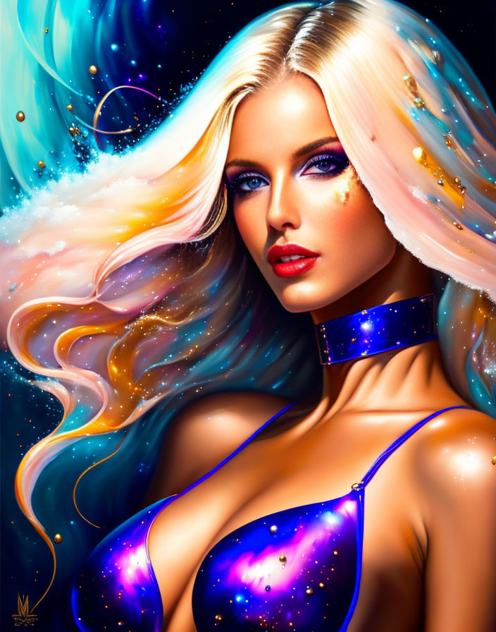 Vibrant cosmic-themed woman illustration with flowing hair in blue and purple hues