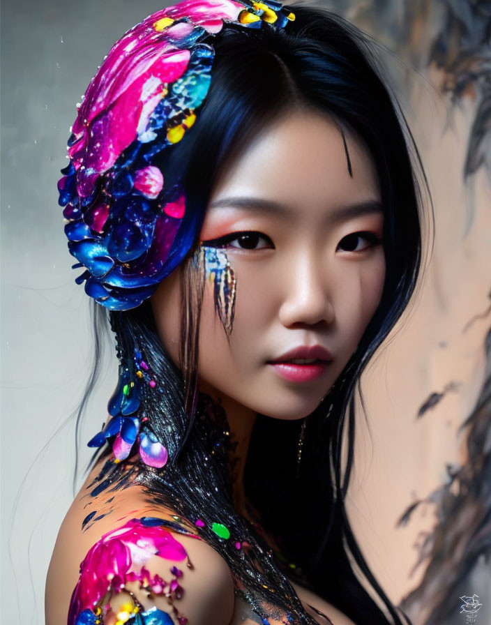 Colorful Body Art in Vibrant Blues and Pinks on Woman's Shoulder and Face