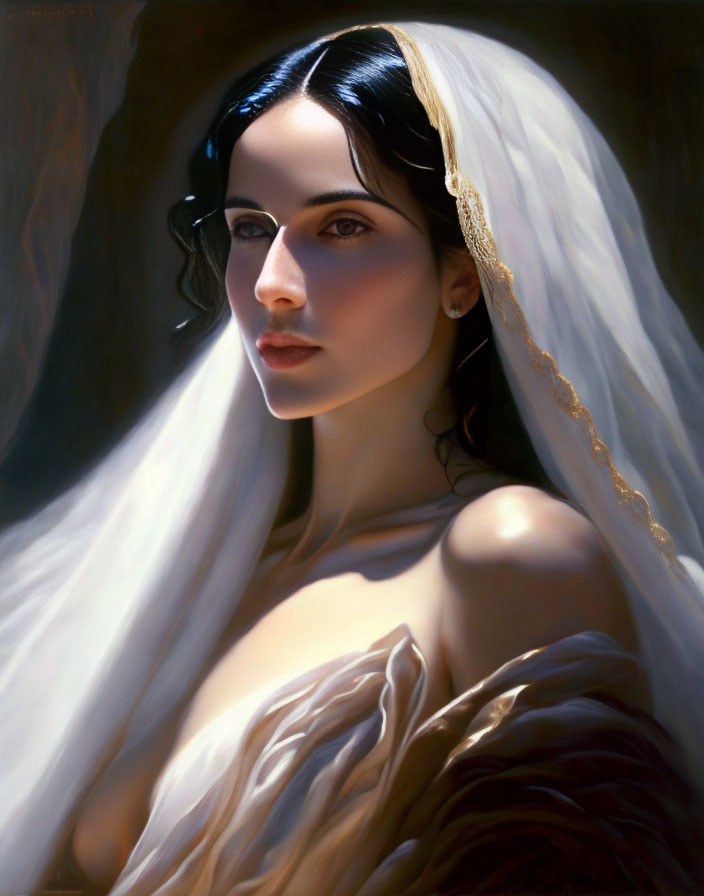 Portrait of woman with dark hair in white veil with gold trim, off-shoulder drape