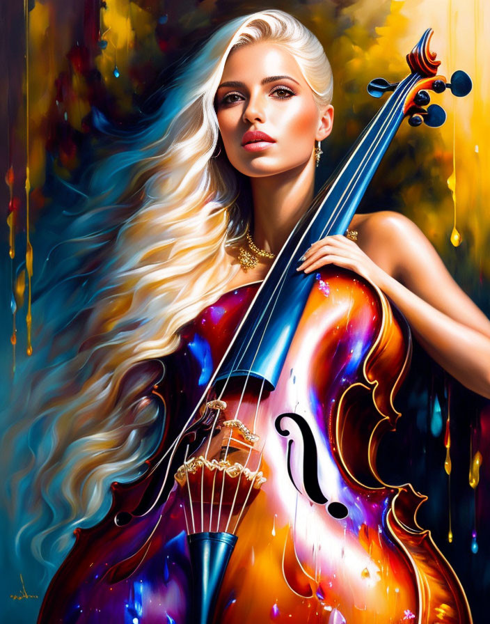 Woman with flowing white hair holding colorful cello against abstract background