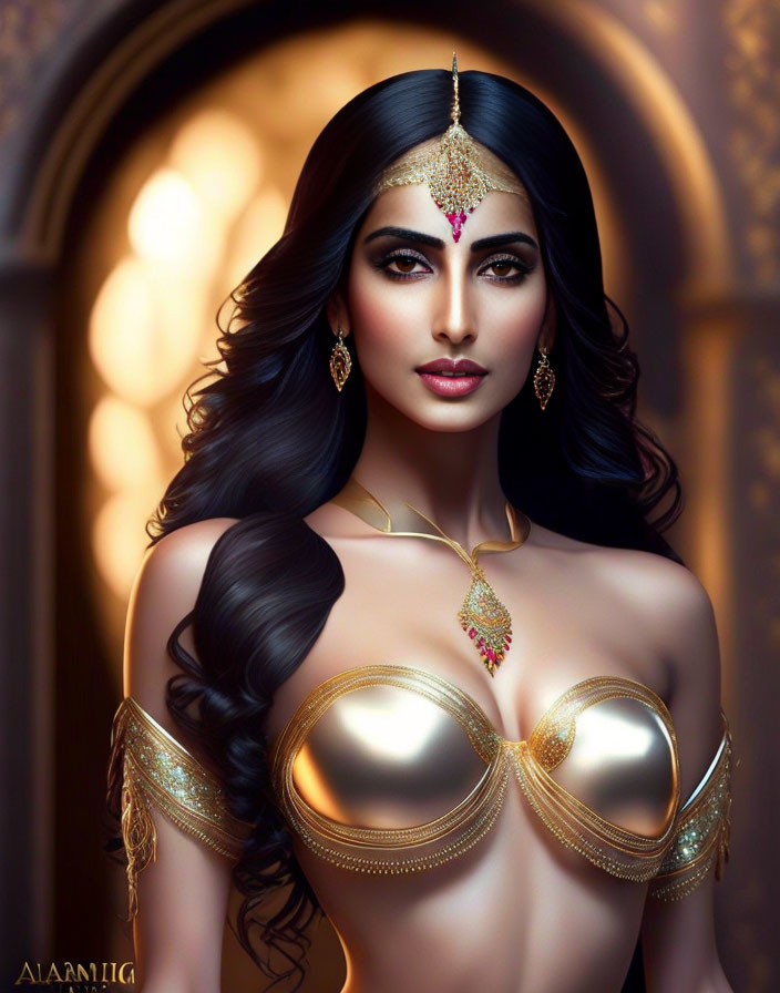 Illustrated woman with dark hair and golden jewelry in blurred interior.