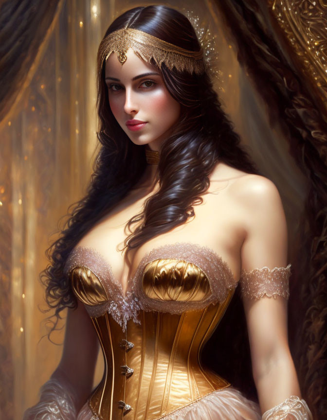 Dark-haired woman in golden corset and headpiece against draped background