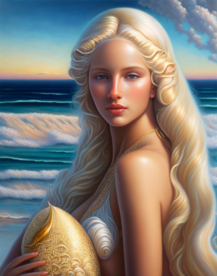 Blonde woman portrait with golden shell in serene ocean setting