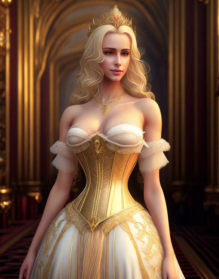 Blonde woman in gold and white dress in royal room