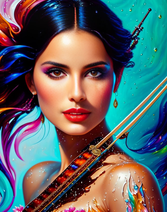 Colorful digital portrait of a woman with flowing hair and vibrant makeup, paint splashes and brush.