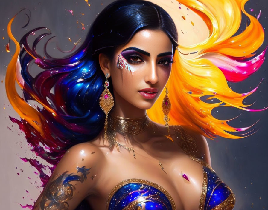 Colorful digital artwork of a woman with flowing multicolored hair and intricate makeup