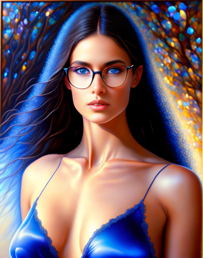 Digital artwork: Woman with blue hair, glasses, lace top, in front of bokeh tree.