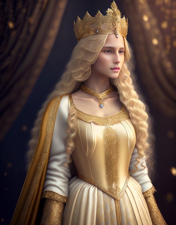 Blonde woman in golden crown and gown on dark backdrop