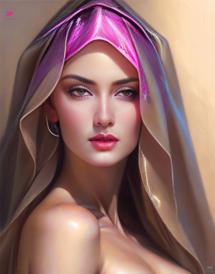 Striking woman portrait with pink headscarf and bare shoulder