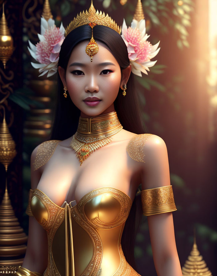 Asian-style female portrait in golden traditional attire with lotus flowers.