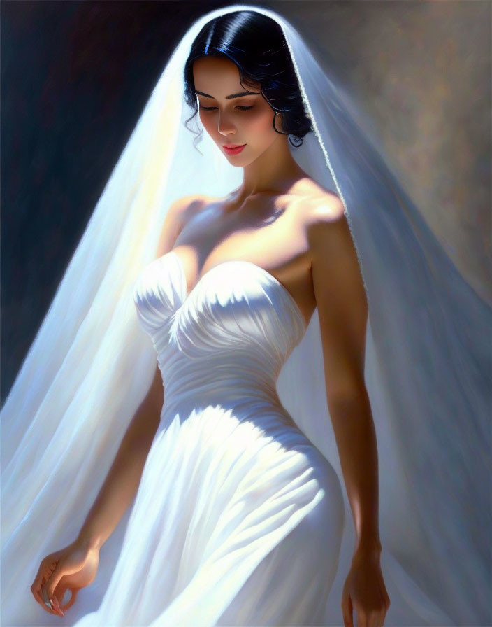 Bride in strapless white gown and veil with styled dark hair and modest gaze