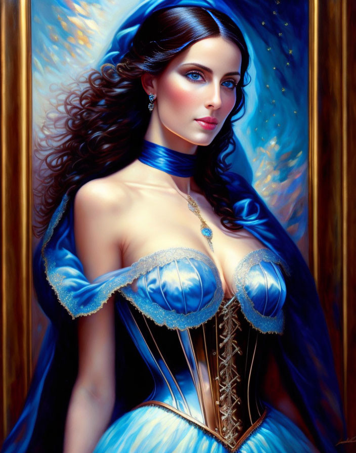 Woman in Blue Dress with Long Brunette Hair and Choker Portrait