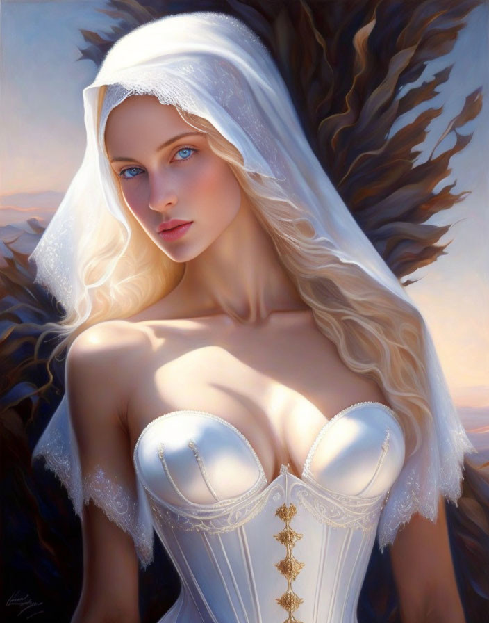 Portrait of Woman with Blue Eyes and Blonde Hair in White Veil and Corset on Soft-lit