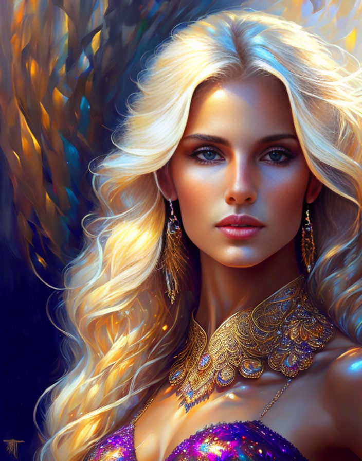 Blonde Woman Portrait with Blue Eyes and Gold Jewelry