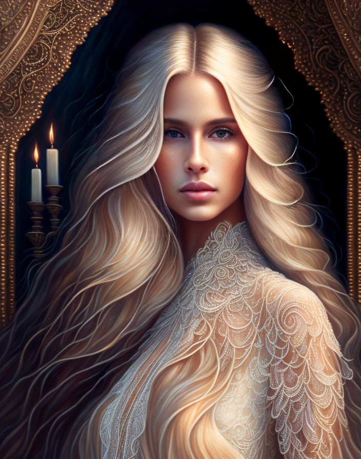 Woman with flowing blond hair and blue eyes in lace garment against dark background.