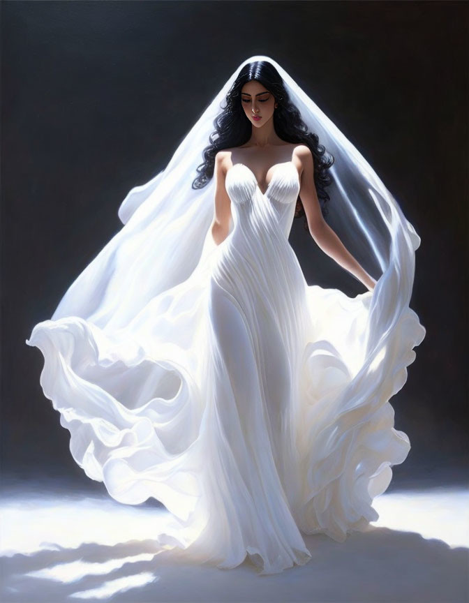 Elegant bride in white gown and veil against dark backdrop