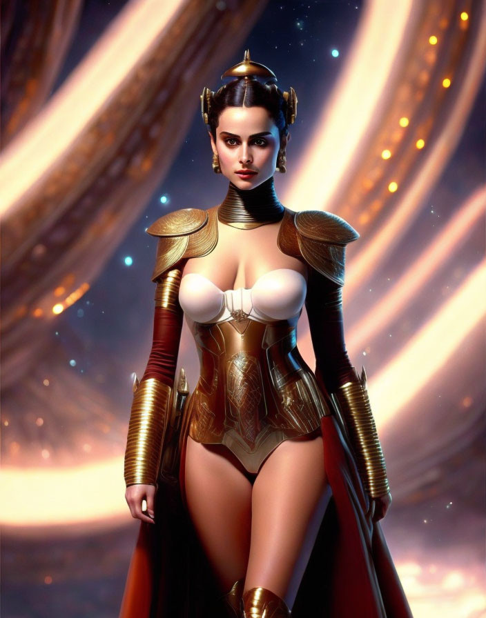 Female warrior digital art in golden armor with red cape on flowing drapes