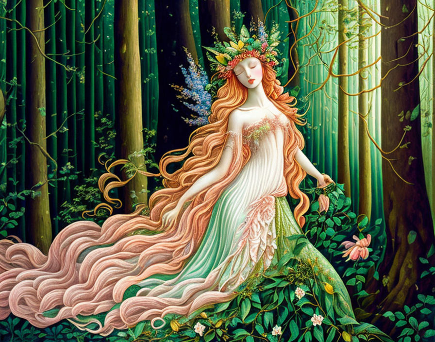 Ethereal woman in leaf dress in lush bamboo forest