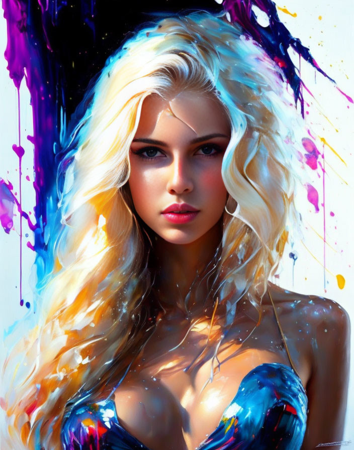 Colorful Digital Artwork: Woman with Blonde Hair and Blue Eyes surrounded by Paint Splashes