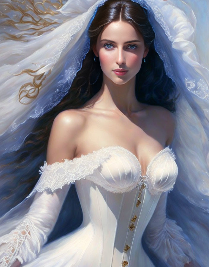 Digital artwork: Woman with blue eyes in white corset gown and veil on soft blue background