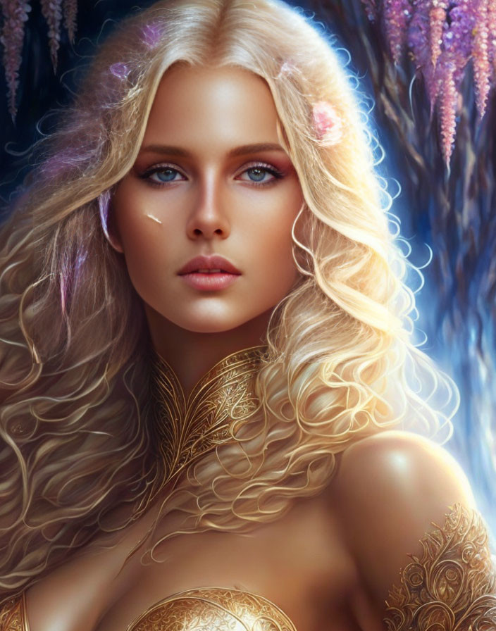 Fantasy female character with long blonde hair and gold armor