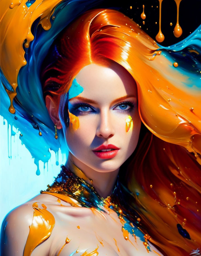 Colorful digital portrait of a woman with flowing hair and vibrant paint drips