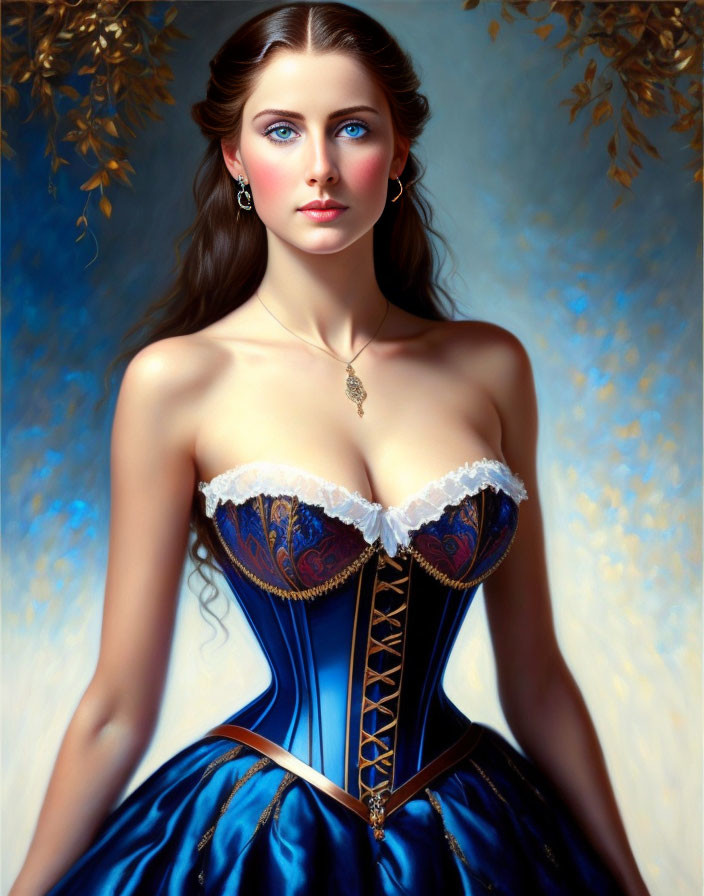 Portrait of a Woman in Blue and Gold Corset Dress