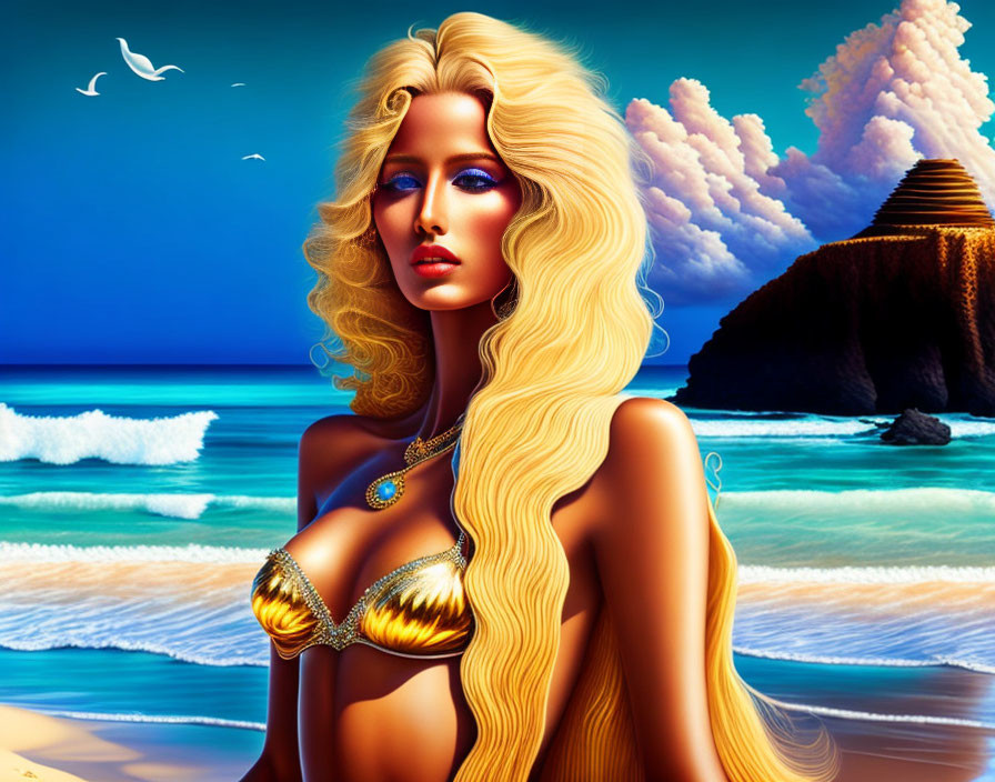 Digital Artwork: Woman with Long Blond Hair on Beach with Pyramid Structure