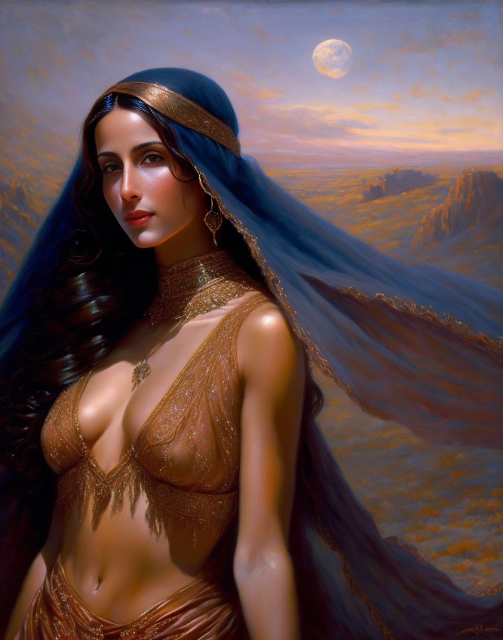 Dark-haired woman in golden attire with sheer veil, desert landscape, full moon.