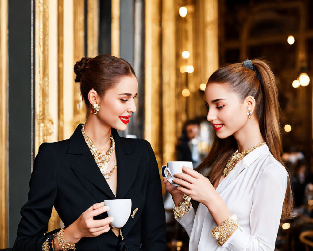 Elegantly Dressed Women Chatting in Luxurious Golden Decor