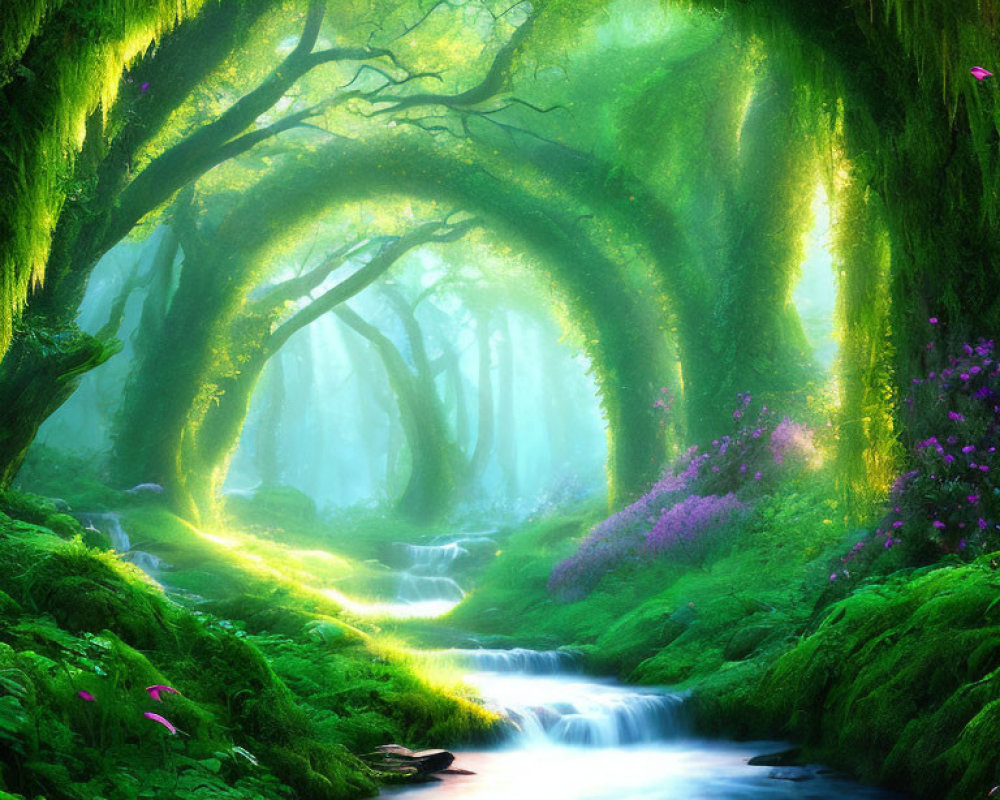 Enchanted forest scene with lush greenery, arching trees, meandering stream, and purple