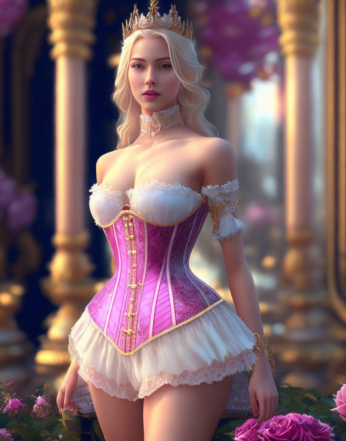 Blonde-haired figure in pink and white corset dress with crown, choker, against ornate