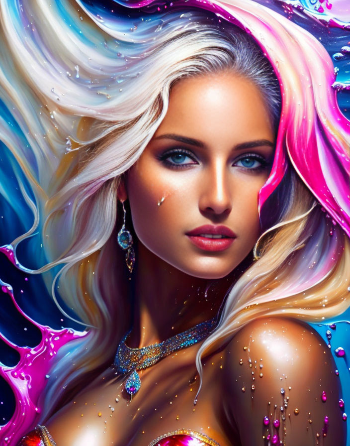 Colorful Portrait of Woman with Multicolored Hair & Glittery Jewelry