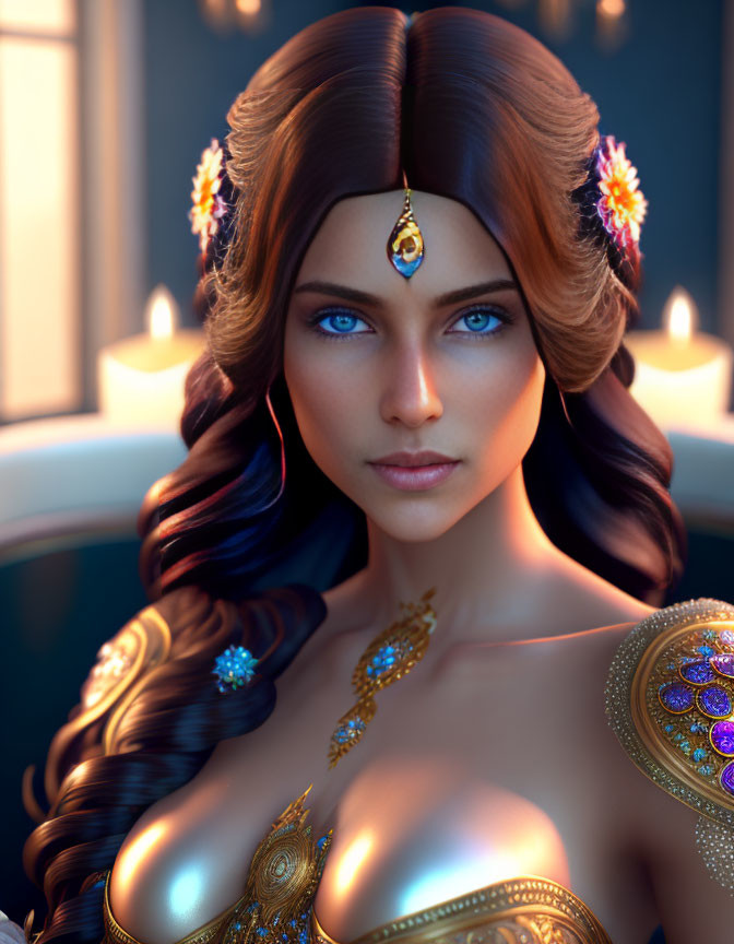 Illustration of woman with blue eyes, golden jewelry, brown hair in candlelight