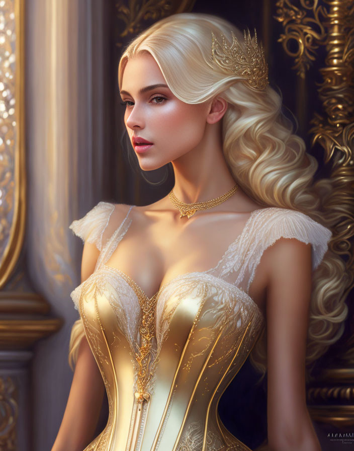 Regal blonde woman in gold-trimmed corset gown