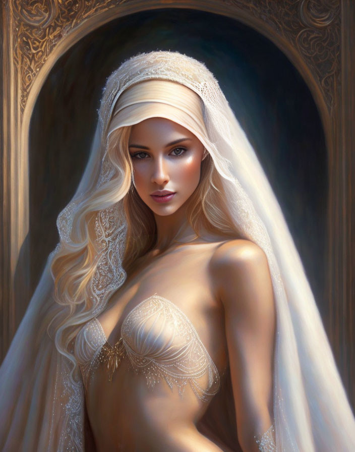 Blonde woman in bridal veil with ornate headpiece and soft glow