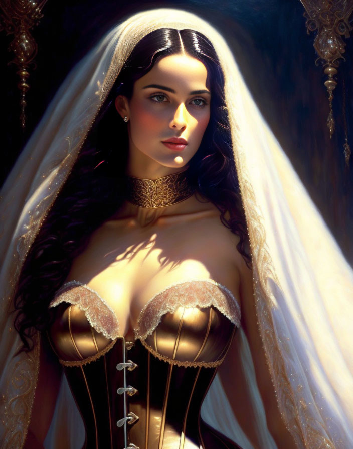 Dark-haired woman in corset and veil under dramatic light