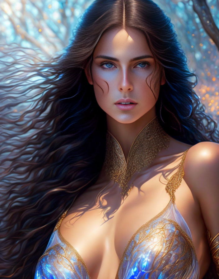 Digital artwork: Woman with long flowing hair and blue eyes in gold necklace on blue garment