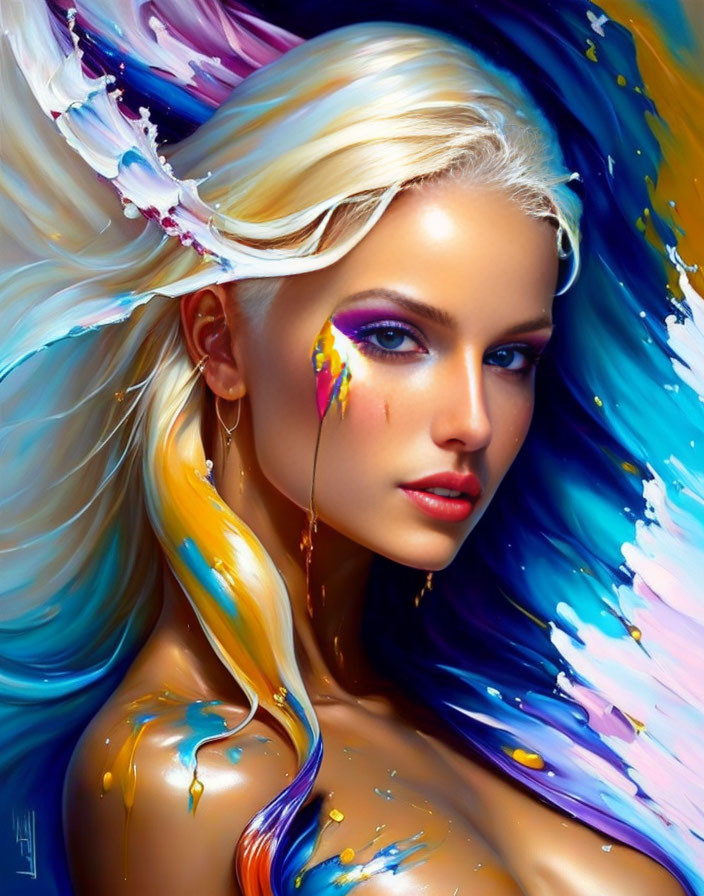 Vibrant digital portrait of a woman with blue eyes and colorful splashes