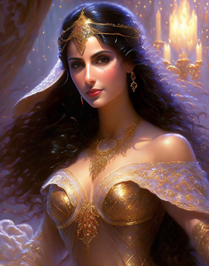 Digital painting of woman with long dark hair and gold jewelry on mystical background