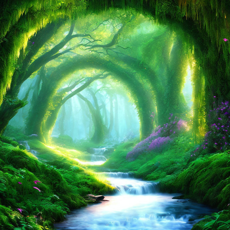 Enchanted forest scene with lush greenery, arching trees, meandering stream, and purple