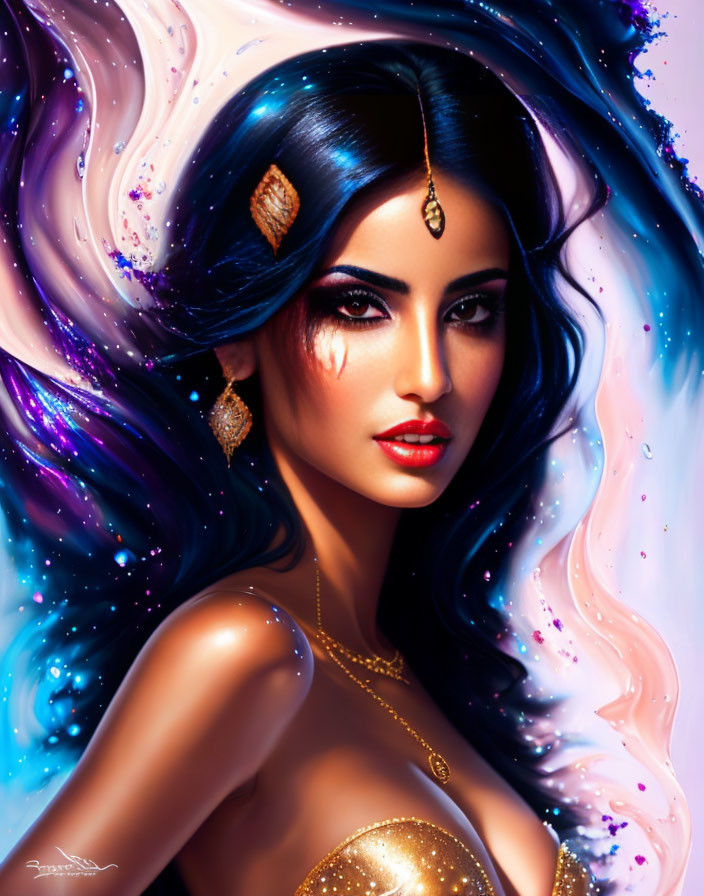 Colorful digital artwork of a woman with blue and purple hair and cosmic jewelry.