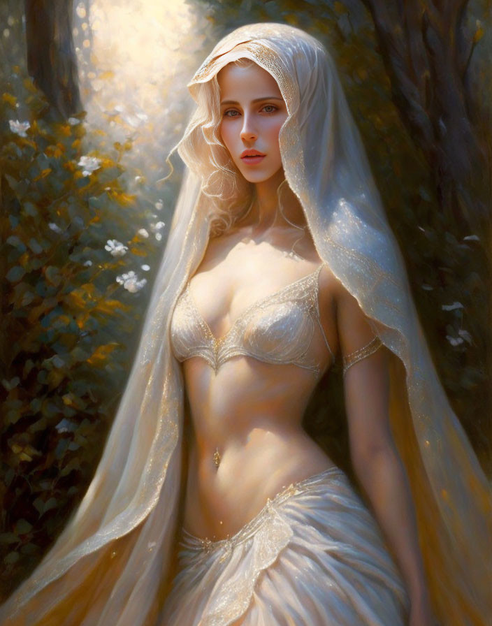 Fantasy bridal costume with translucent veil in sunlit forest.