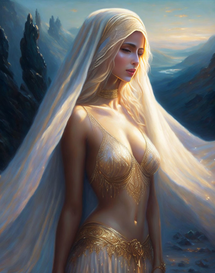 Blonde woman in golden attire against luminous mountains