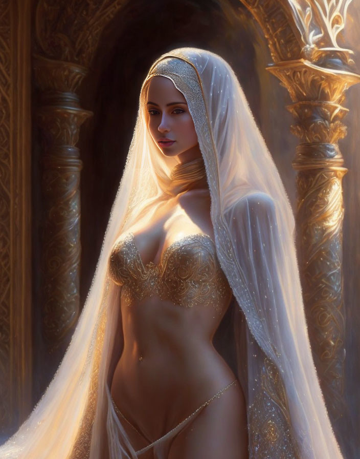 Ethereal woman in sheer veil and golden attire by ornate archway