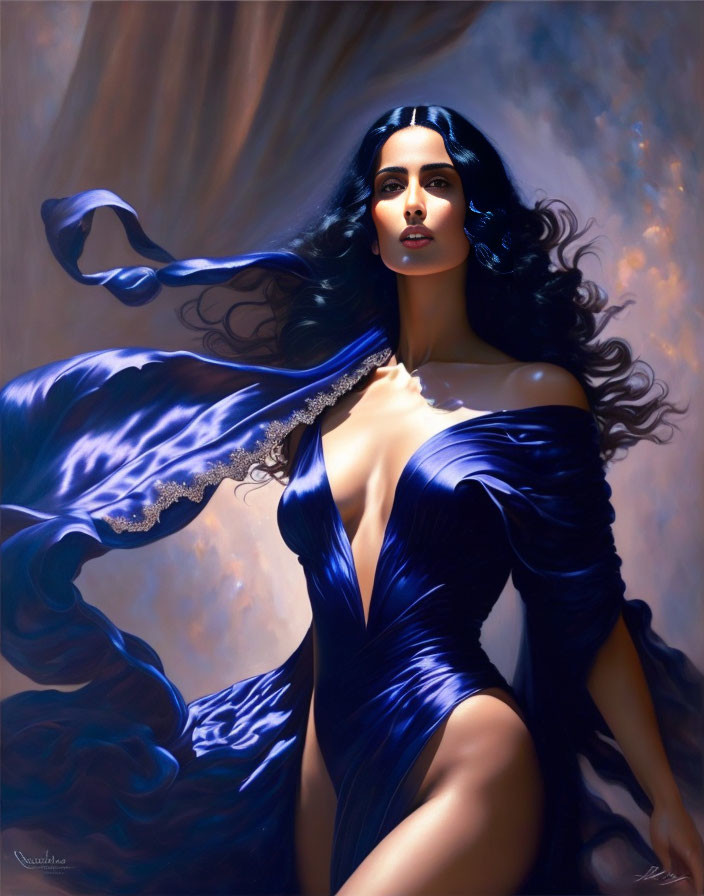 Surreal portrait: Woman with dark hair in flowing blue dress